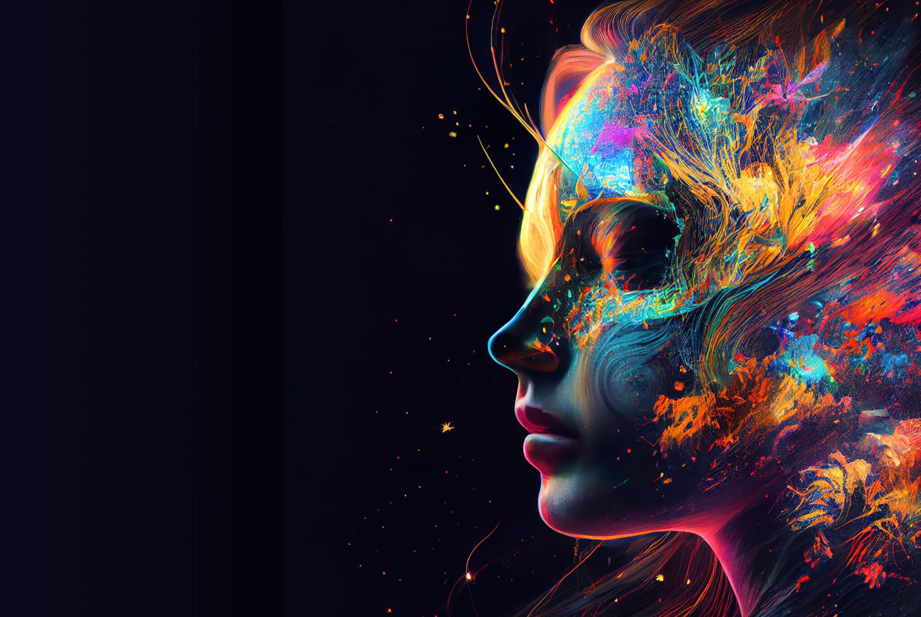 Imagem gerada por IA da cabeça de uma mulher contendo arte abstrata colorida.